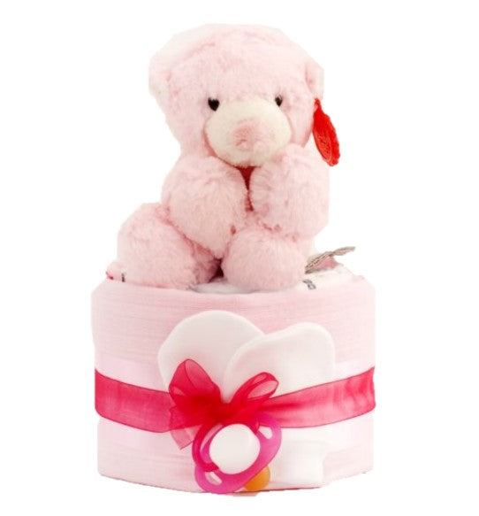 pink nappy cake, baby girls nappy cake, 1 tier nappy cake,  nappy cakes ireland, baby nappy cakes