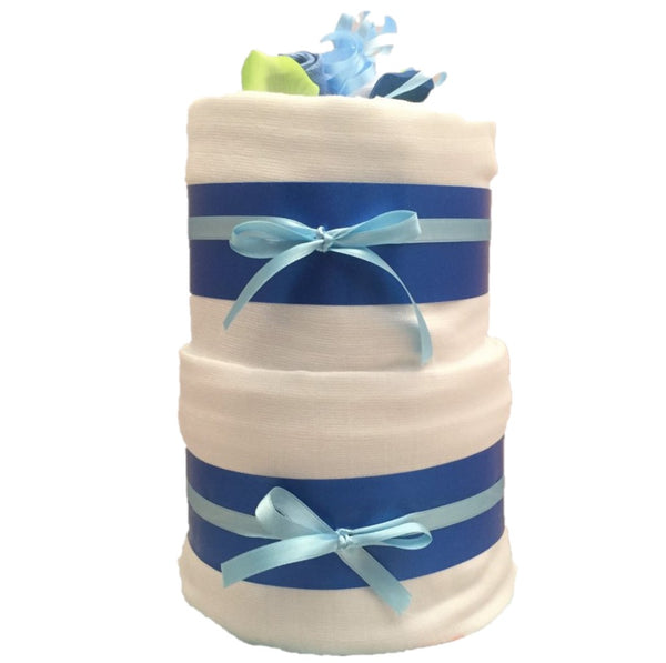 boys nappy cake, blooms nappy cake, 2 tier blue nappy cake, baby boy nappy cake, baby boy gifts, baby gifts ireland, boys baby gifts, boys nappy cakes, blue nappy cakes