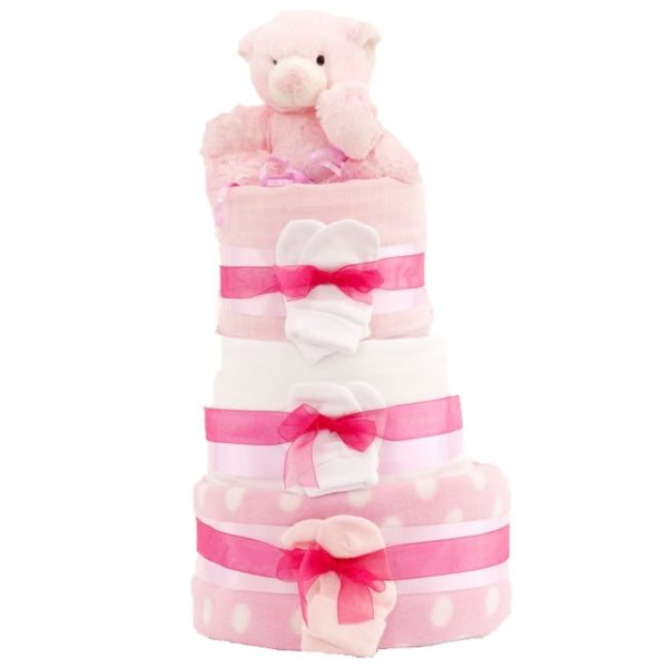 pink nappy cake, 3 tier nappy cake, baby girl nappy cake, nappy cakes ireland, baby gifts ireland