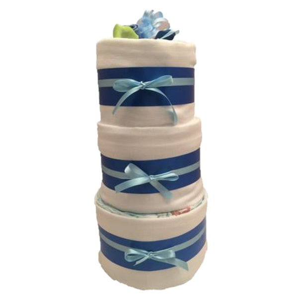 3 tier boys nappy cake, blossom nappy cake, blue, 3 tier blue nappy cake, baby boy gift, baby gifts ireland, baby boy, nappy cakes, diaper cakes