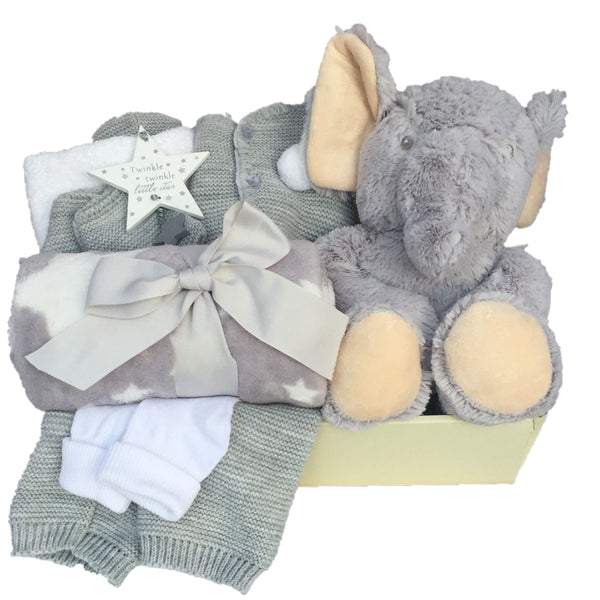 Plush Elephant Unisex Baby Hamper, Baby Hampers Ireland, Unisex baby gifts, baby gifts ireland