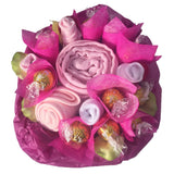 Pink chocolate bouquet, new baby girl bouquet, baby girl chocolate gifts, chocolate gifts ireland, pink chocolate bouquet, bouquet of baby clothes
