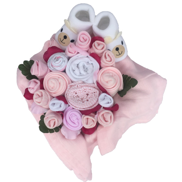 baby girls bouquet, pink baby bouquet, clothes bouquet, pink baby shower, girls baby shower, baby girl gifts, baby gifts ireland, nappycakesie