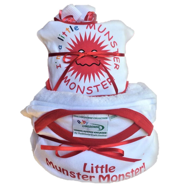 munster monster nappy cake, baby gifts, munster rugby baby, rugby baby gifts, new baby gifts, baby gifts ireland, nappy cakes ireland, rugby baby shower