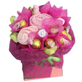 Pink chocolate bouquet, new baby girl bouquet, baby girl chocolate gifts, chocolate gifts ireland, pink chocolate bouquet, bouquet of baby clothes