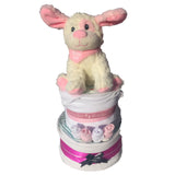 pink puppy nappy cake, new baby girl gift, new baby nappy cake, pink nappy cake, baby gifts ireland, baby gifts girl, nappy cakes ireland, nappy cake gifts