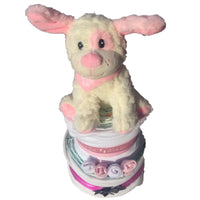 pink puppy nappy cake, new baby girl gift, new baby nappy cake, pink nappy cake, baby gifts ireland, baby gifts girl, nappy cakes ireland, nappy cake gifts