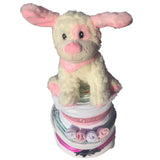 pink puppy nappy cake, new baby girl gift, new baby nappy cake, pink nappy cake, baby gifts ireland, baby gifts girl, nappy cakes ireland, nappy cake gifts