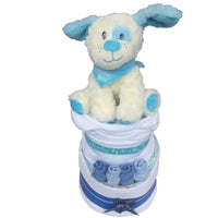 little puppy nappy cake, baby boy nappy cake, gifts for new baby Ireland, blue puppy nappy cake, baby boy