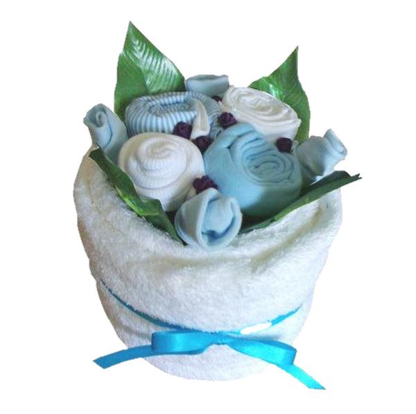 towel cake blue, baby towel cake gifts, baby boy gifts, new baby gifts, baby showers, nappycakesie