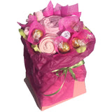Pink chocolate bouquet, new baby girl bouquet, baby girl chocolate gifts, chocolate gifts ireland, pink chocolate bouquet, bouquet of baby clothes
