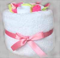 pink towel cake, towel cake for a girl, girls baby gift, baby gifts