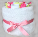 pink towel cake, towel cake for a girl, girls baby gift, baby gifts