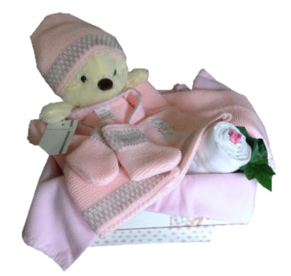 baby girls hamper, pink teddy hamper, new baby hamper, baby girl gifts, new baby gifts, baby gifts ireland, nappycakesie